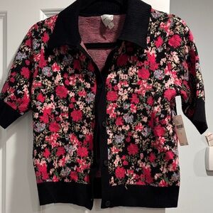 Anthropologie Black and Pink Floral Cardigan